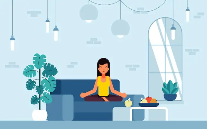 ilustración de una sala azul con mujer meditando