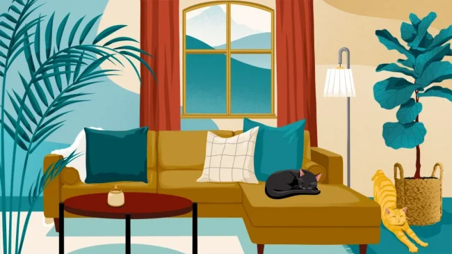 ilustración de una sala limpia, azul y crema con dos gatos.